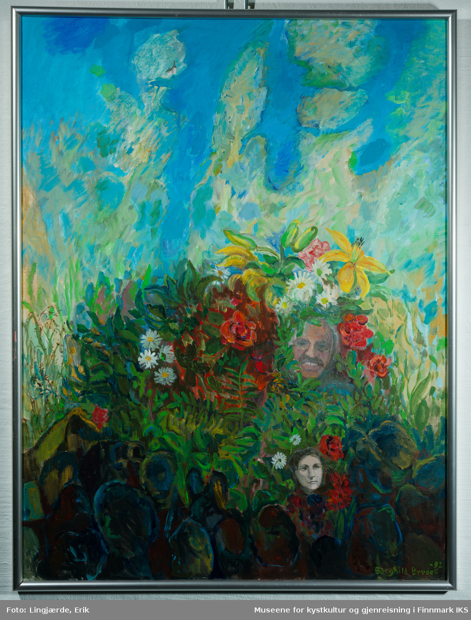 Fargerik maleri med blomster i midten. Den øverste del viser en kart av deler av Finnmark, bl.a. Magerøya, Porsangerfjord, Laksefjord og delvis Nordkyn. Helt nederst i mørke farger ser man silhuetter av flere personer. Bland blomstene ser man Kjell Sandvik, og kunstneren Borghild Bredeli selv.