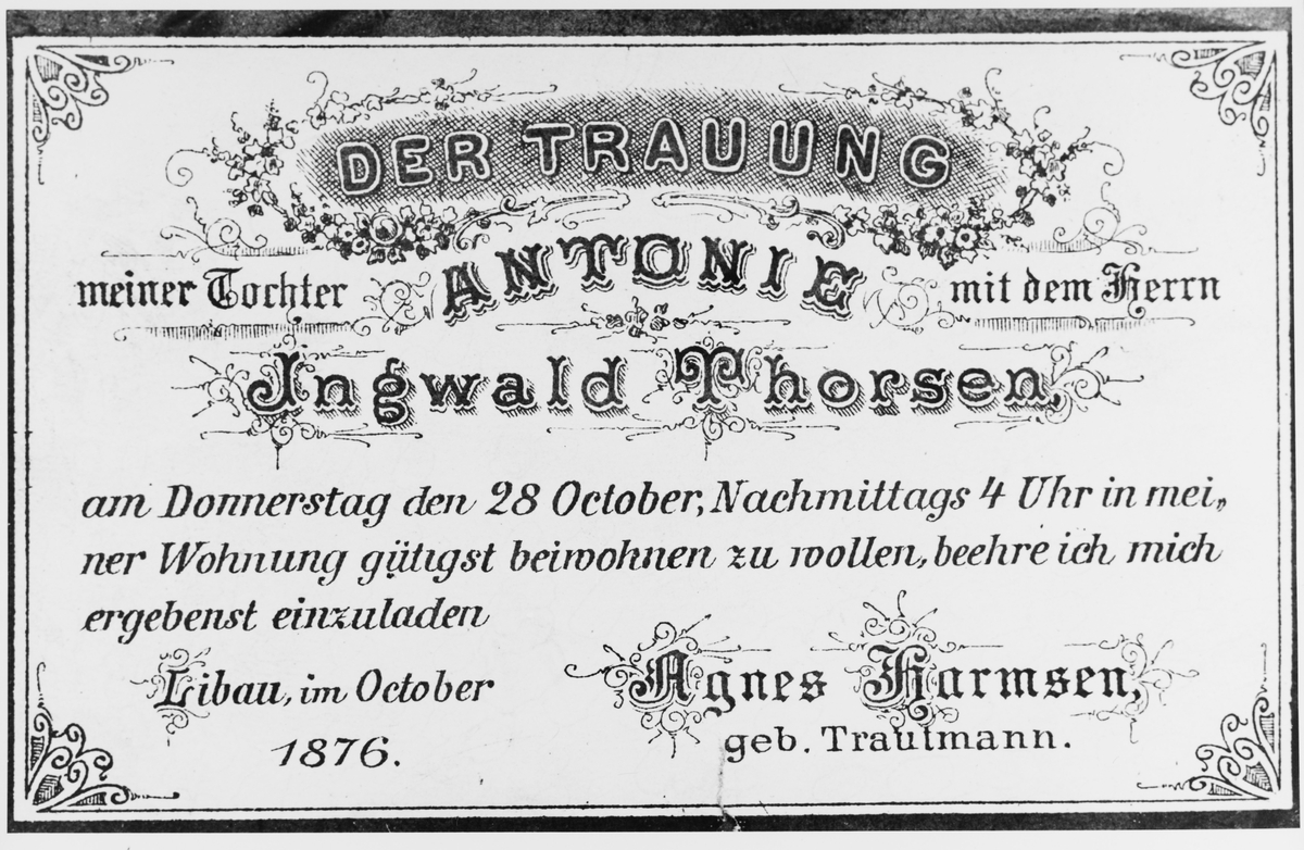 Bryllupsinnbydelse, 1876.