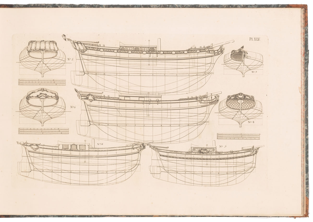"Lust-Fartyg för at segla." Fyra jakter. Profilritningar med ornamentering, spant- och linjeritningar.