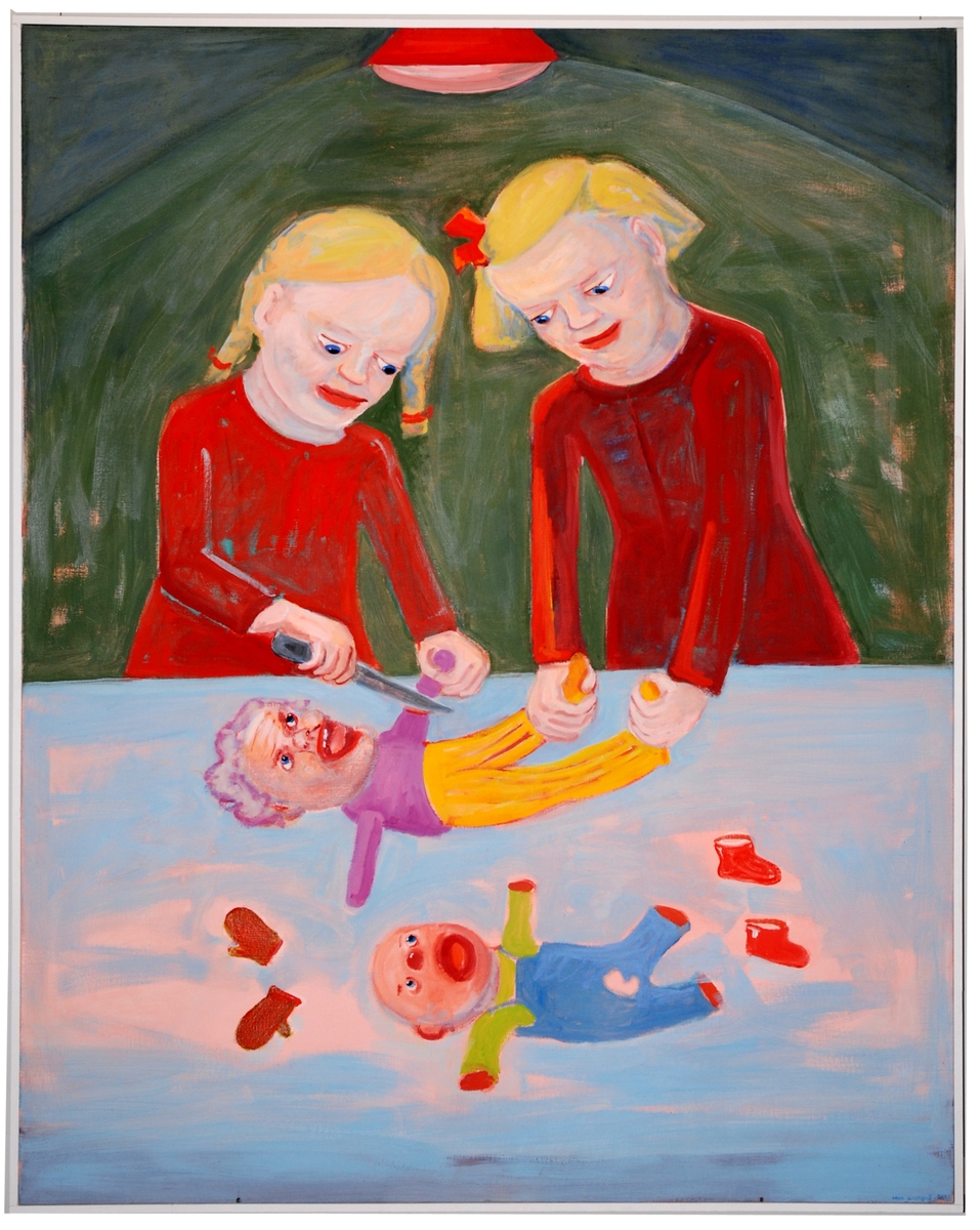 Oljemålning i stående format föreställande två flickor som med kniv amputerar dockor. Barn och förälrdrar.