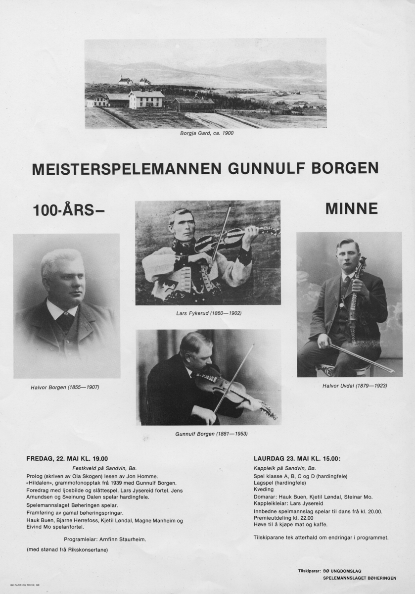 Plakat frå konsertar til minne om meisterspelemammen Gunnulf Borgen