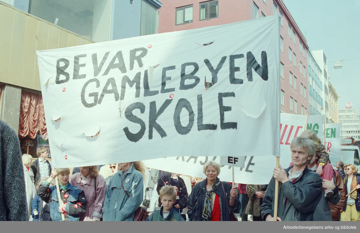 1. mai 1991, Oslo. Parole: Bevar Gamlebyen skole