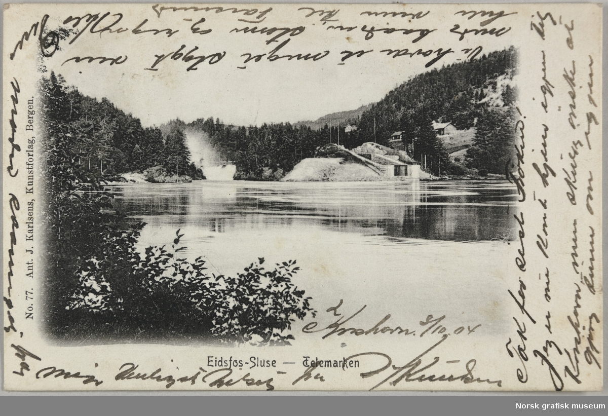 Postkort til Olava Lunde med bilde av Eidsfoss sluse i Telemark.