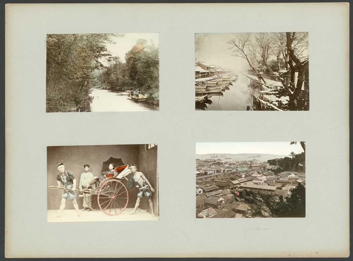 Bildserie av fyra motiv monterad på kartong från landskap och bebyggelse runt Tokio och Yokohama.