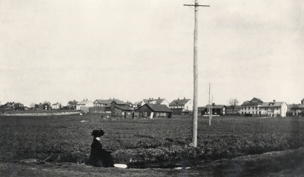 Gamla Norrvägen, Växjö, ca 1912. Till vänster Petterssons repslagarbana och Tenggrens smedja, som övertogs av Frans Erik Palm 1903. Till höger syns dåv. Johanssons damskrädderi.