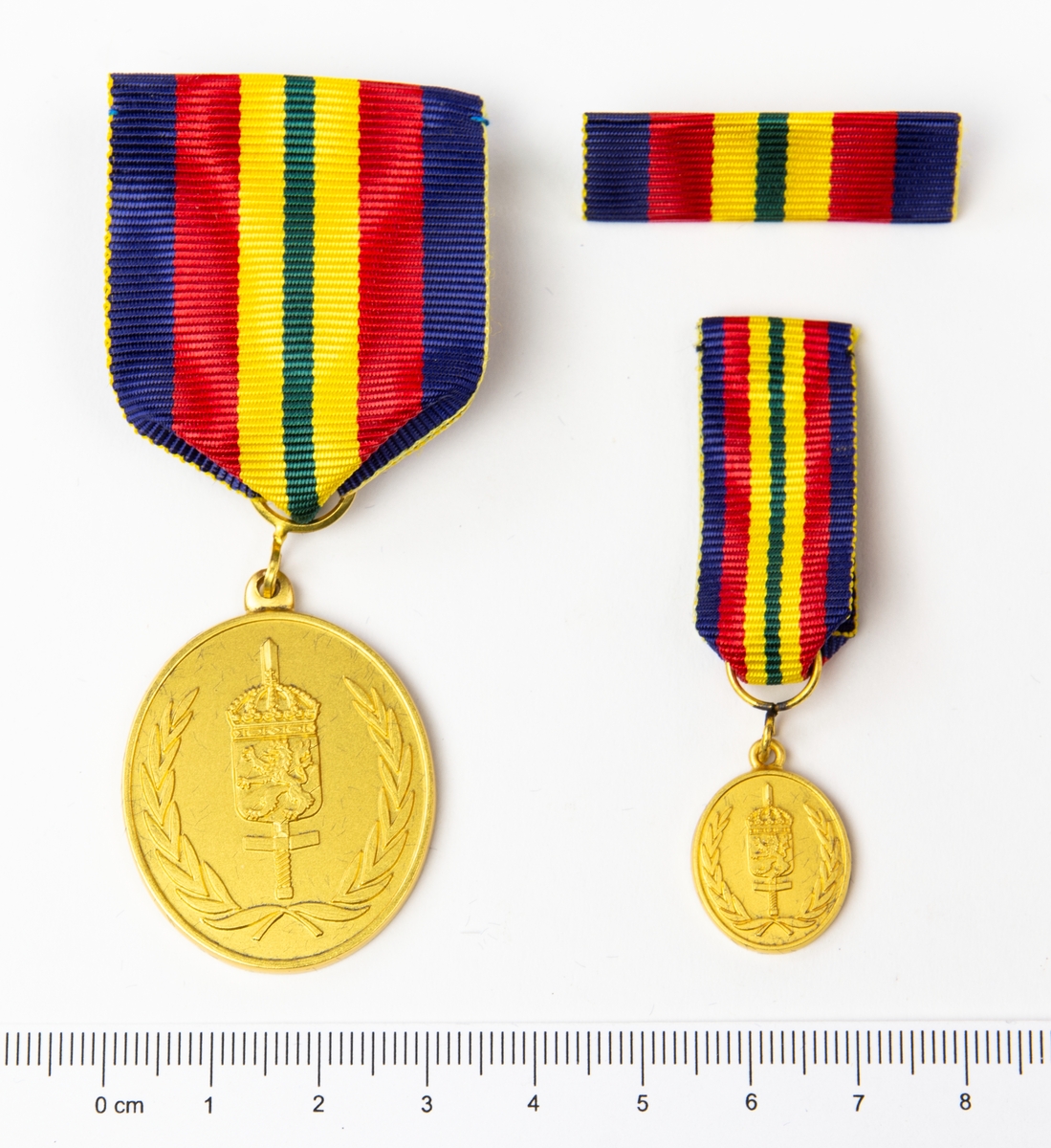 2 st medaljer och 1 st utmärkelsetecken. Framsida med lagerkrans, svärd och heraldiskt vapen. Förvaras i originalask.