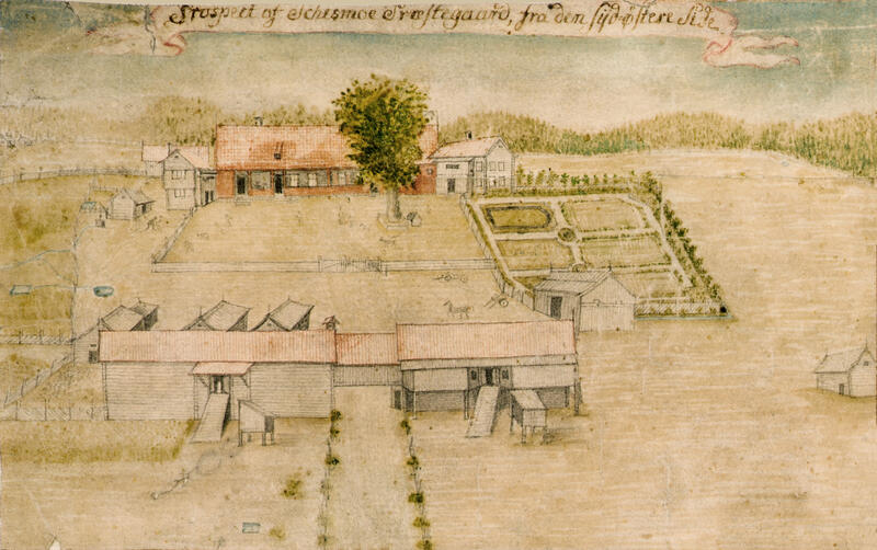 Tegning av gårdsanlegget og hagen på Huseby gård. Utsnitt av kart fra 1780. Riksarkivet.
