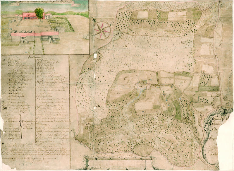 Håndtegnet og kolorert kart over Huseby gårds eiendom fra 1780. Riksarkivet.