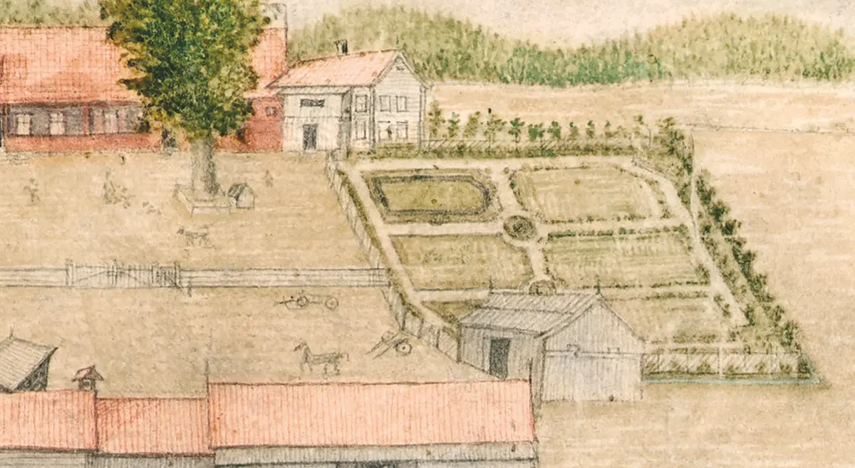Hageanlegget på Huseby gård 1780. Utsnitt av kart over Huseby gård. Riksarkivet.
