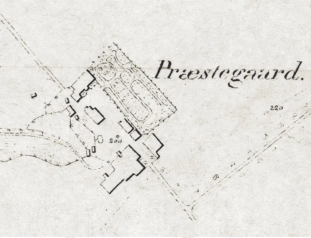 Utsnitt av kart over Huseby gård fra 1869. Gårdsanlegget og hageanlegget. Nasjonalbiblioteket.