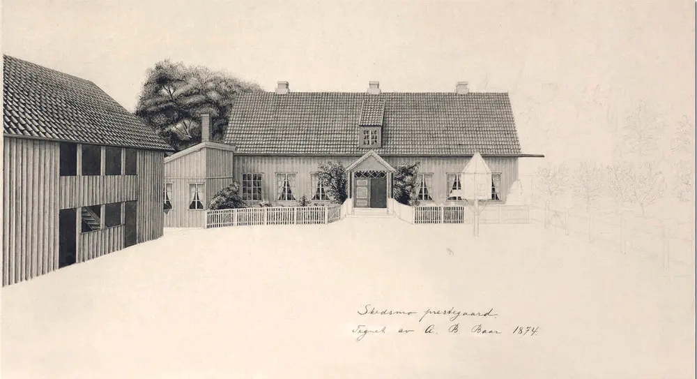 Drengestuen og hovedbygningen på Huseby gård. Tegning av A. B. Baar. 1874.