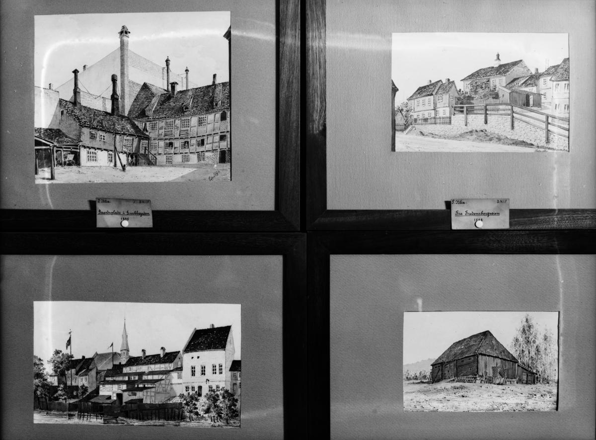 Reprofotografier av tegninger av Peter Andreas Blix. Tegningene forestiller bygninger i gamle Kristiania.
