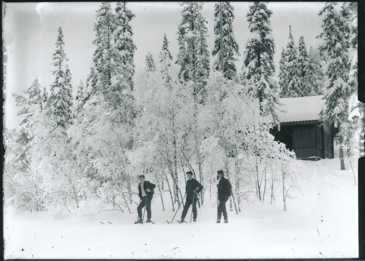 Tre yngre menn på ski med Mosjøhytta i bakgrunnen.