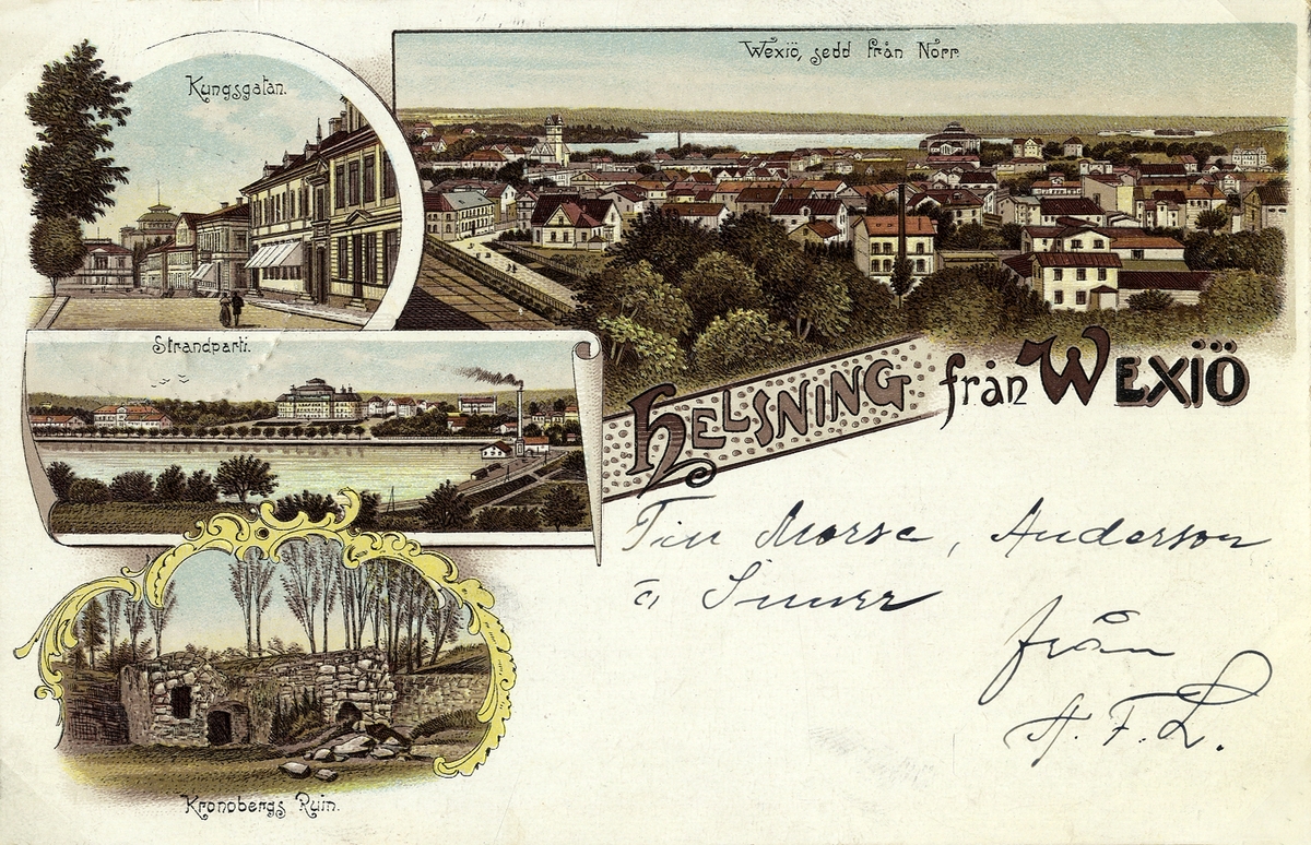 Färglitograferat vykort med flera småbilder från Växjö med omnejd, 1901.