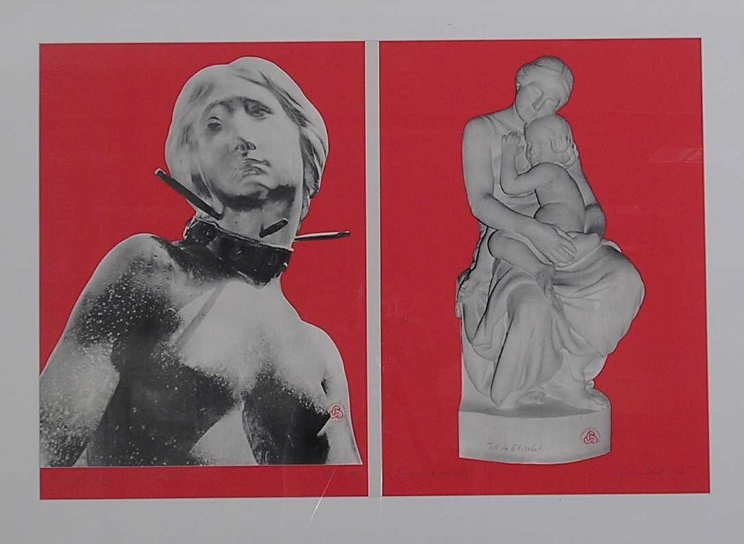 Två bilder i svartvitt på röd bakgrund. Bilden till vänster föreställande den lille havfrue, till höger en marmorskulptur av en kvinna med ett barn i famnen.