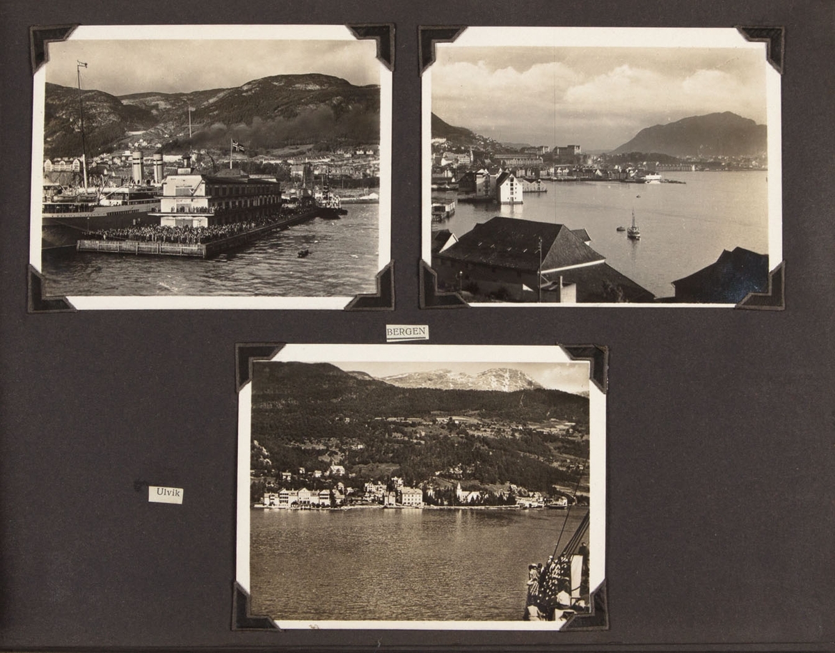 Albumside med tre foto, tatt fra MONTE SARMIENTO. To foto viser Bergen og et Ulvik i Hardanger.
