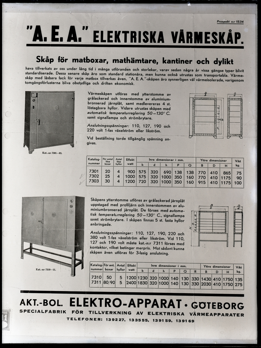 Reklam för värmeskåp från AB Ergo elfabrik, Västerås.