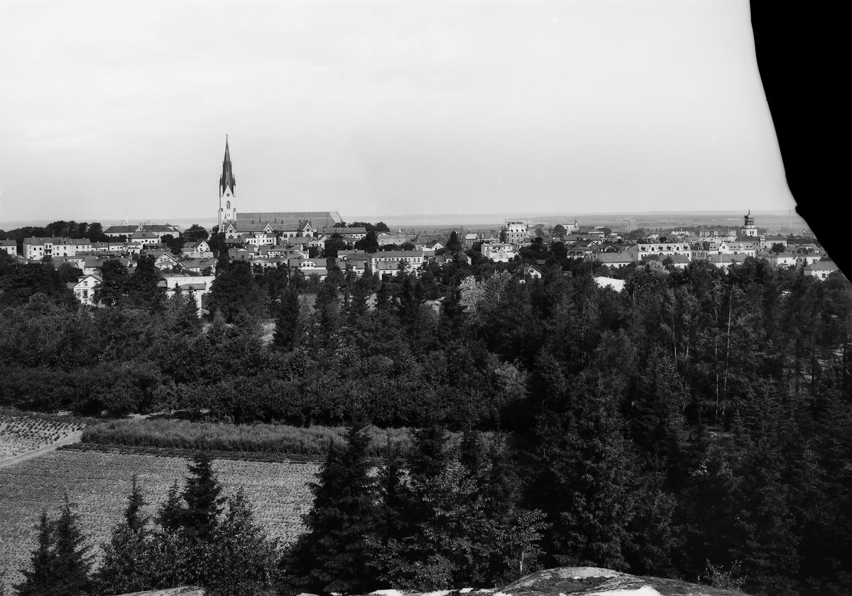 Vy från Belvederen mot Linköping i norr.  Stadsvy över Linköpings centrala delar.  Man ser domkyrkan i mitten av bilden. Trädgårdsföreningen.