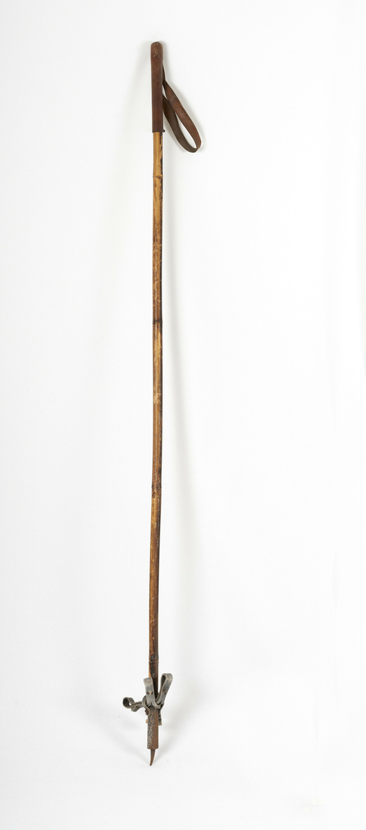 Bambusstav med skinnreim. Form: Langsmal.
En enkel skistav i bambus med fastsydd håndstropp i lær. Bambustrinse (kringle) med slitt, brun fastnaglet lærkryss. Trinsen, som mangler, avr festet til staven med en svart lærhempe. Aluminiumsholk med bred jernpigg.