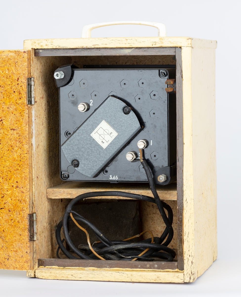 Amperemeter bygget inn i trekasse. Hengslet lokk foran måleskala og hengslet bakplate. Håndtak på topplate.
