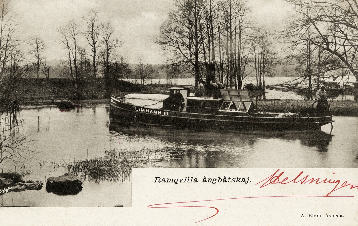 Ramkvilla ångbåtskaj, ca 1905. Ångbåten "Limhamn III" ska precis lägga till i regndiset.
