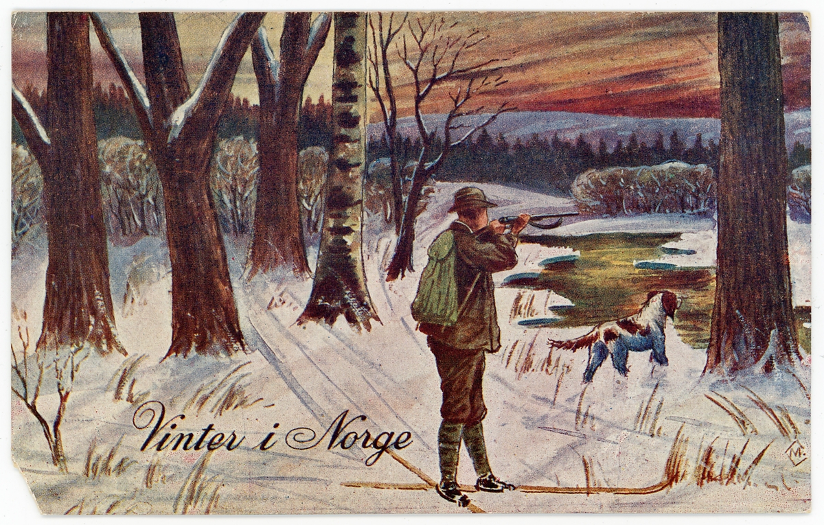 Julekort. Postkort. I vestre hjørne står det "Vinter i Norge". Motivet viser en mann på ski sammen med en fuglehund på fuglejakt. I bakgrunnen er det en elv.