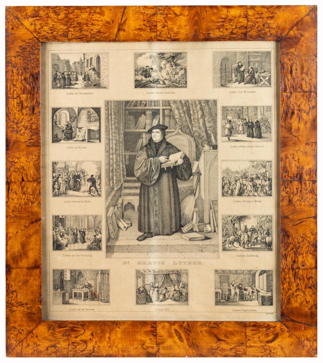 Tryck på papper, mångfaldigat, framställande porträtt av Martin Luther samt scener ur hans liv. Nummer 749. Ram av masur.