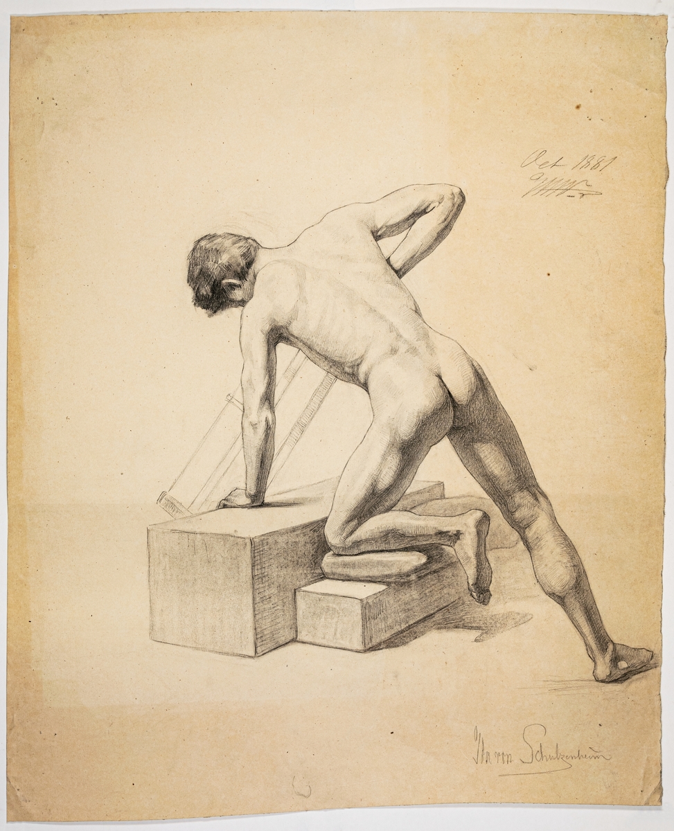 Modellstudie av naken man som sågar i block. Signerad Ida von Schulzenheim. Övrig påskrift: Oct 1881 WW