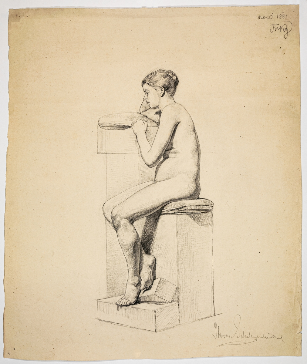 Modellstudie av naken kvinna, sittande. Signerad Ida von Schulzenheim. 
Övrig påskrift: Nov 1881 FrRg
På baksidan skissartad ryggtavla på man.