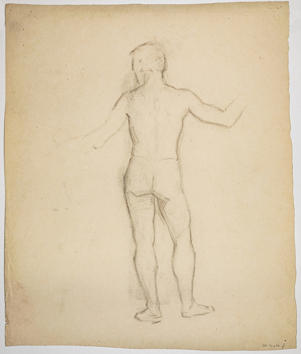 Modellstudie av naken kvinna, sittande. Signerad Ida von Schulzenheim. 
Övrig påskrift: Nov 1881 FrRg
På baksidan skissartad ryggtavla på man.