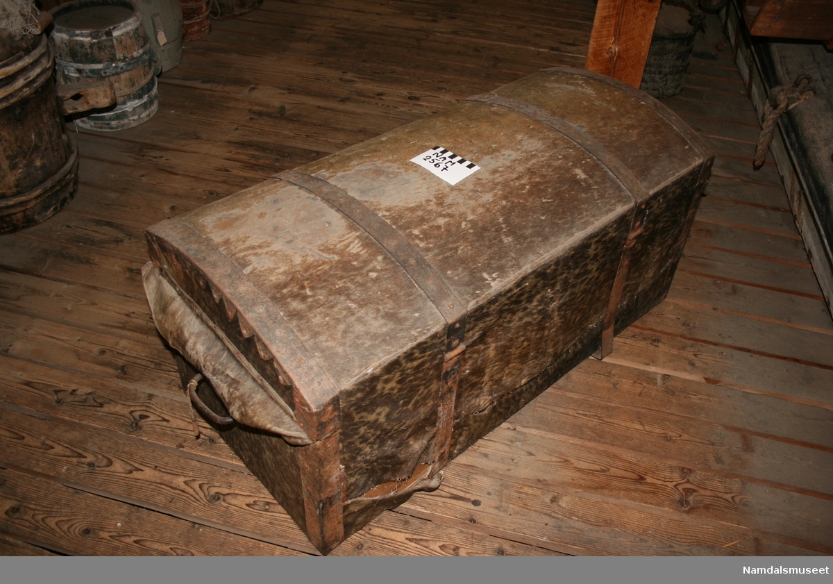 Kiste laget for sjøreise der kista skal oppbevares i friluft. Av den grunn er den trukket med skinn for å holde fuktighet ute.