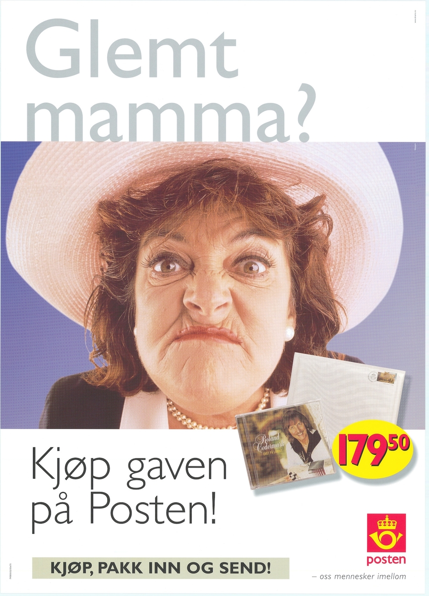 Plakat med fotomotiv av dame (Mamma), tekst og Postens logomerke.