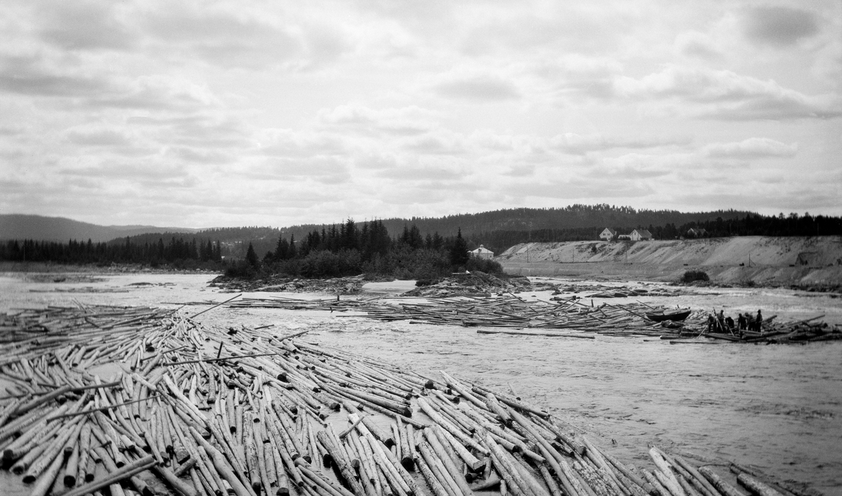 Glommas løp nedenfor kraftverksdammen ved Skjefstadfossen i Heradsbygda, Elverum i Hedmark. Dette fotografiet ble tatt i 1933, fra et punkt på elvebrinken ved den østre enden av dammen. Vi ser ned på elveløpet, der det, antakelig på grunn av synkende vannføring, lå tømmer både langs den østre elvebredden (i forgrunnen på bildet) og på steinørene i den midtre delen av elveløpet. På det sistnevnte stedet skimter vi et fløterlag som arbeidet med å rive haugen, ovenfra og nedover. De hadde en båt liggende like nedenfor arbeidsstedet, antakelig for å kunne berge seg trygt i land når oppgaven var løst.