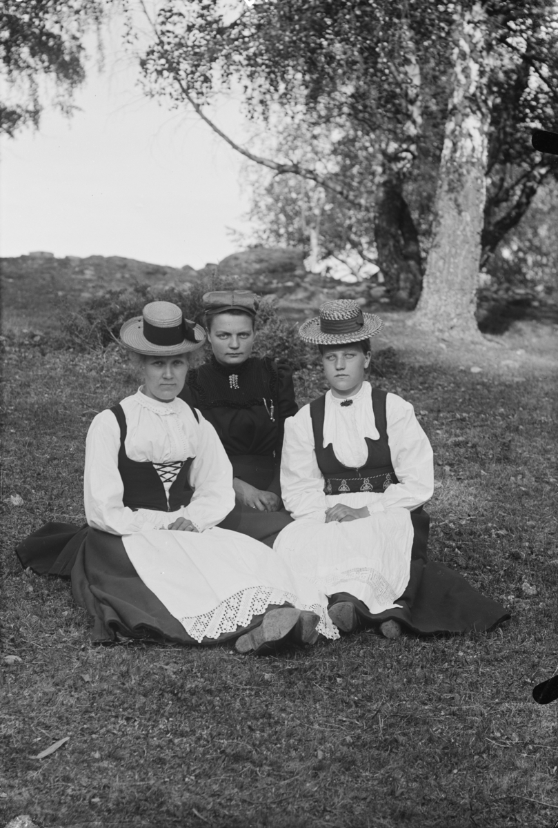 Ragnhild Lesnæs gruppe, 3 kvinner, 2 i bunader, sitter ute.