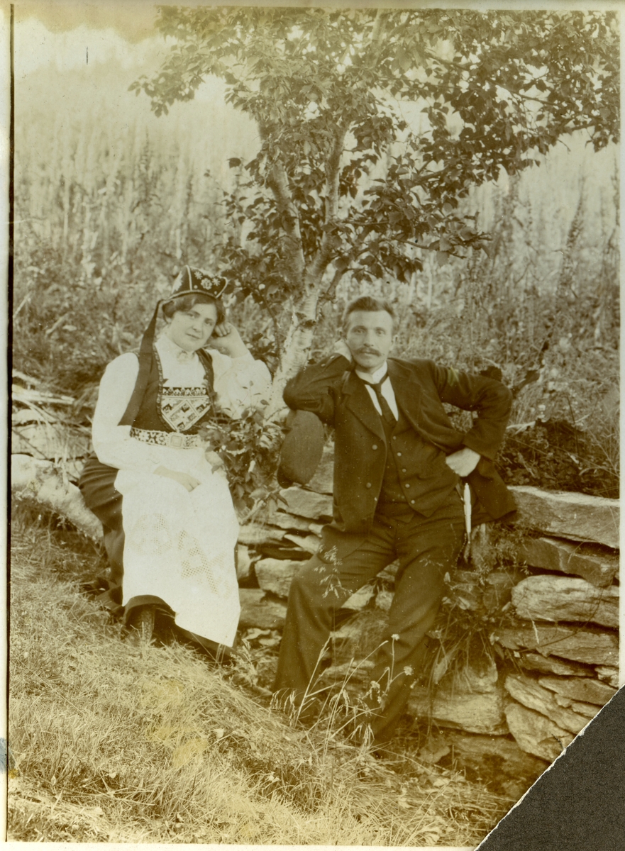 Kvinne og mann, fotografert foran et steingjerde.
