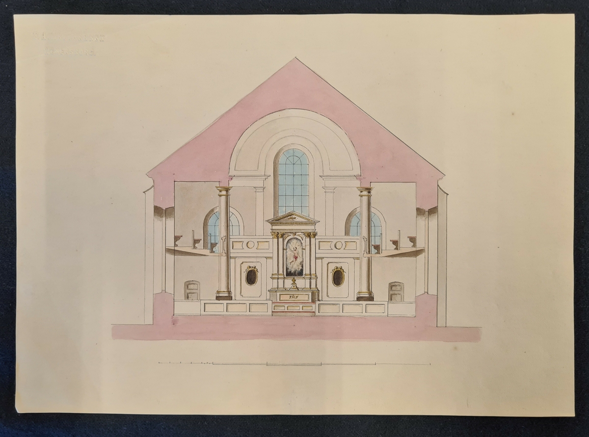 Teckning över förslag till Vänersborgs kyrkas interiör (?). Tecknad av F. A. Zettergren.