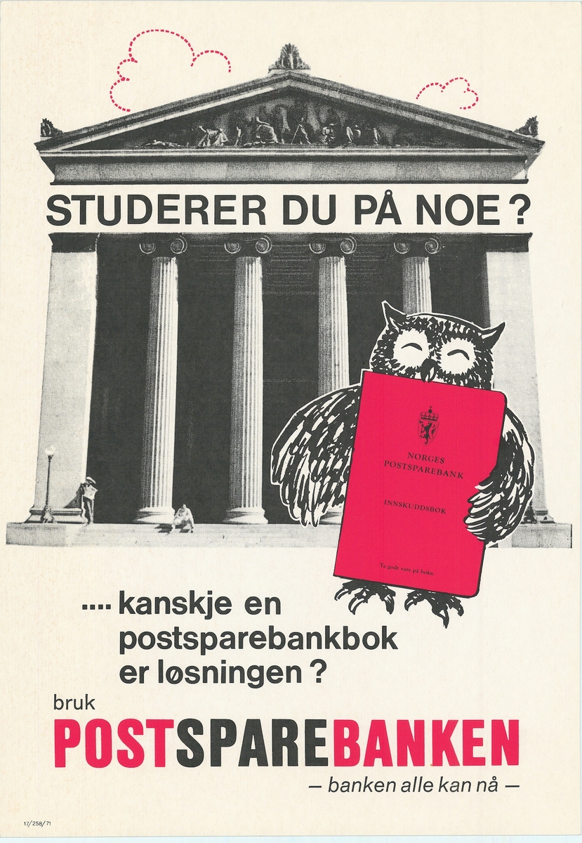 Tosidig plakat med svart/hvitt motiv og rød Postsparebankbok og bokstaver.