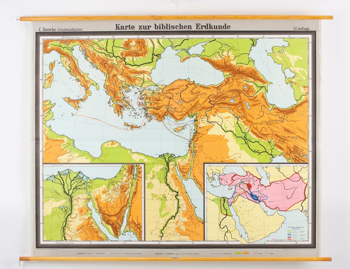 Skolekart, viser det østlige Middelhavet og den vestlige delen av Midt-østen. Montert på to rundstokker.
