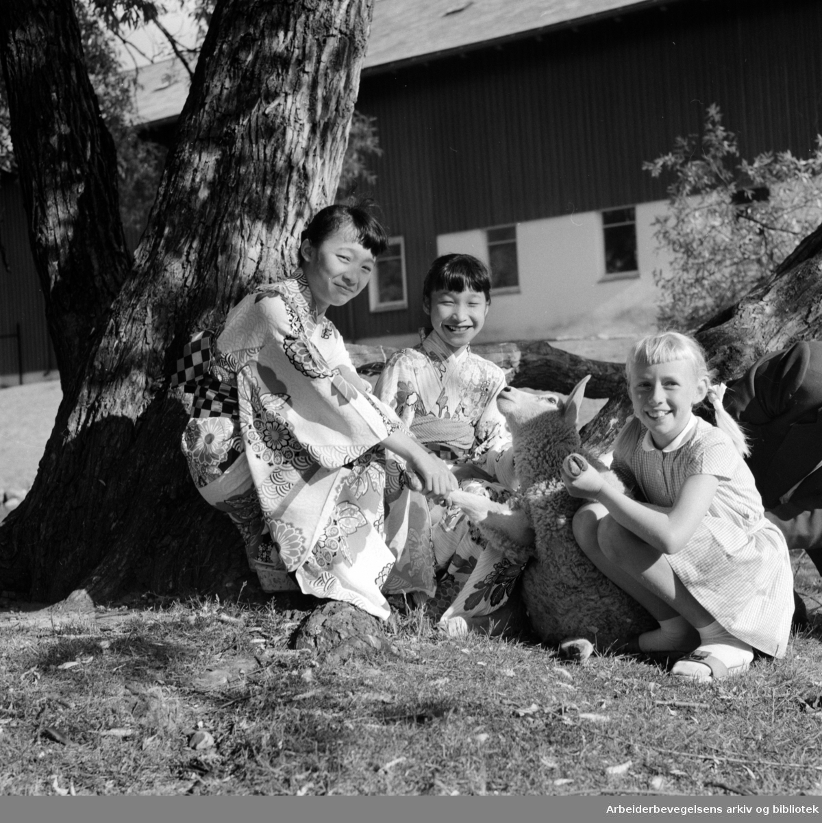 To diplomatbarn, Emiko og Kumiko, fra den Japanske Ambassaden i Oslo besøker sin vennine Jannicke på Grefsen gård. Juni 1959