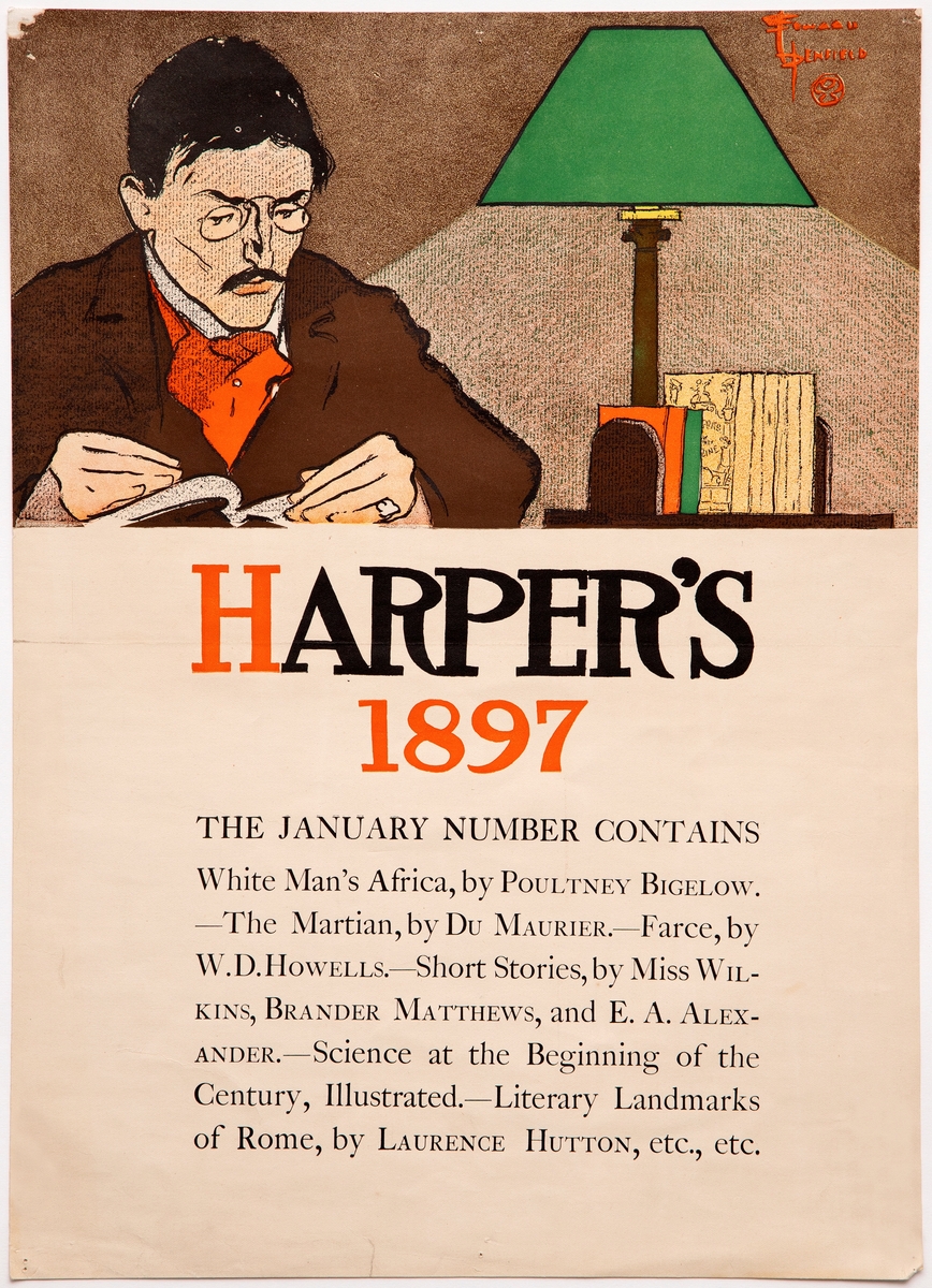 Fremstilling av en lesende mann med briller i brun jakke og oransje halsbind. Til høyre for mannen er det en lampe med grønn skjerm og bøker/tidsskrifter under.
