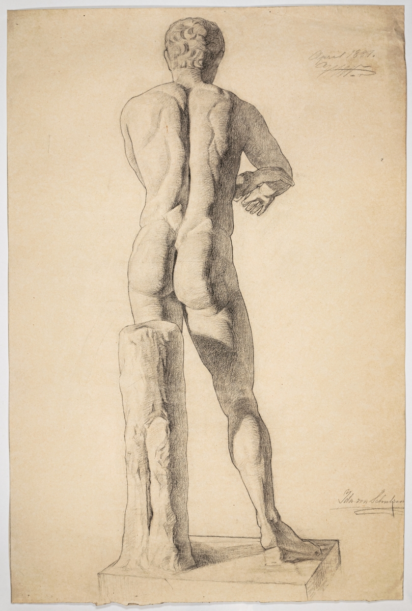 Antikstudie, avbildad skulptur, ryggtavlan av en man. Signerad Ida von Schulzenheim. April 1881 WW.