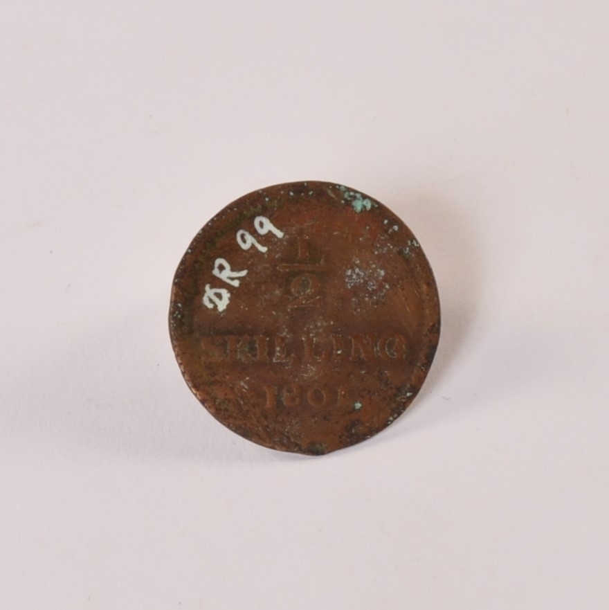 Mynt av kobber. Halvskilling 1801, riks:ständ:riksg:contors follet.