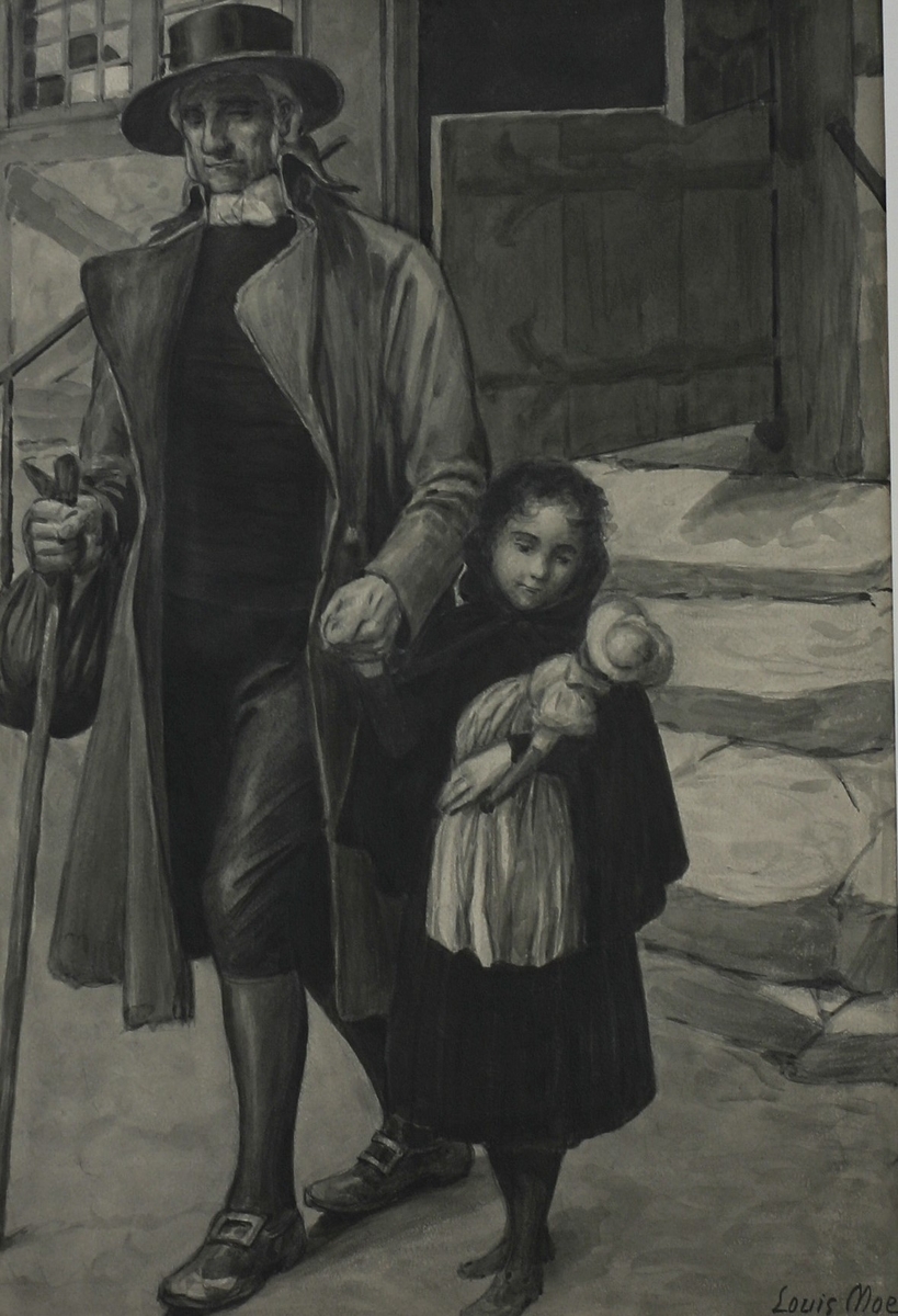 Cosette og Manden med den gule Frakke - Illustrasjon til V. Hugos "Les Misérables" [Tegning]