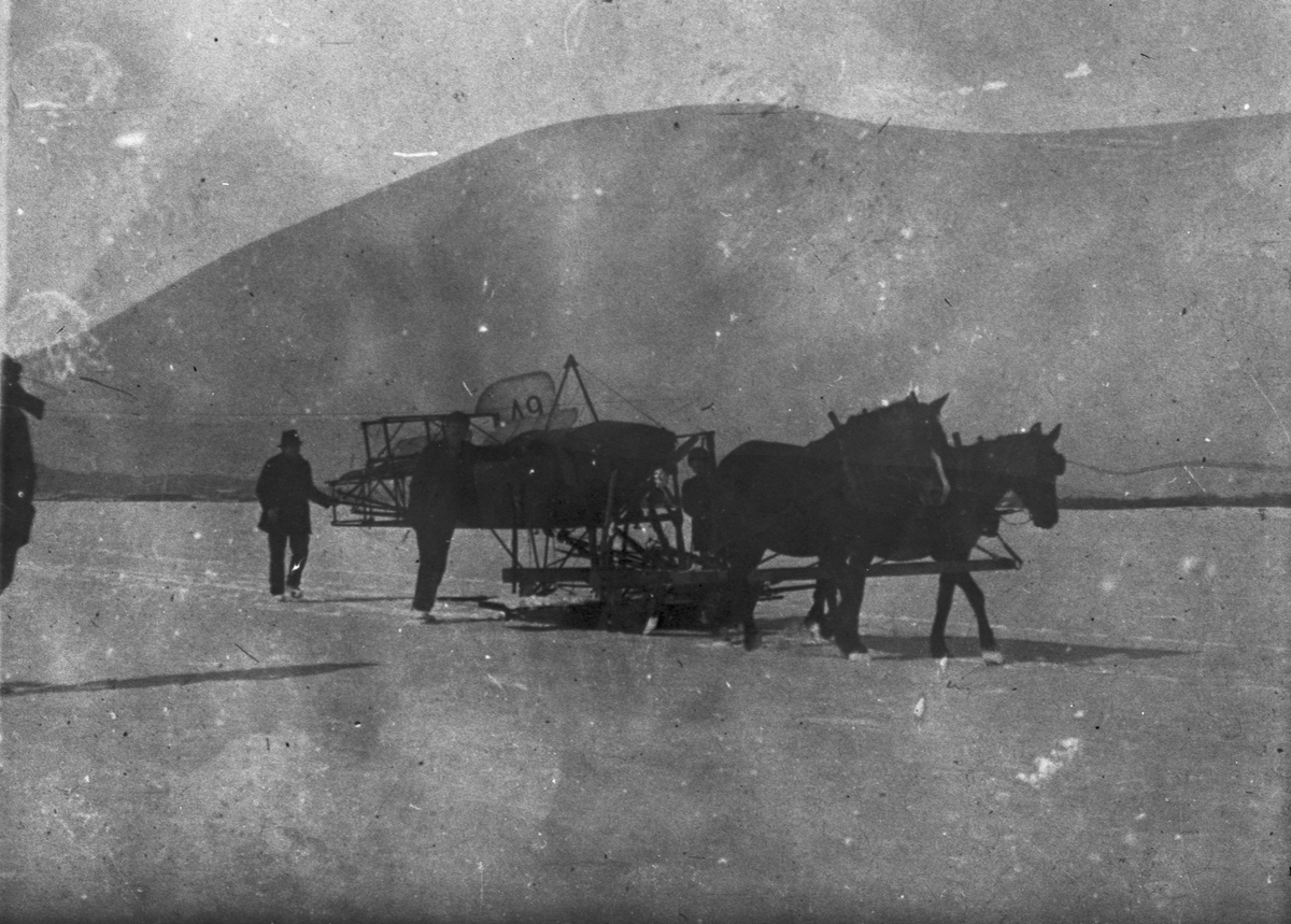 Flygplan Thulin A nr 9 körs bort med hästtransport efter haveri, vintertid. Omkring 1915-1920.