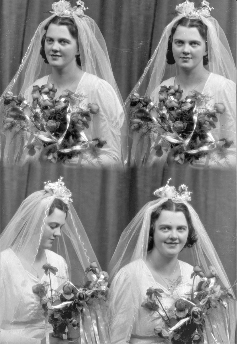 Portrett. Brudebilde. Ung kvinne med brudekjole , blomster og slør. Bestilt av Hr. Lilleland