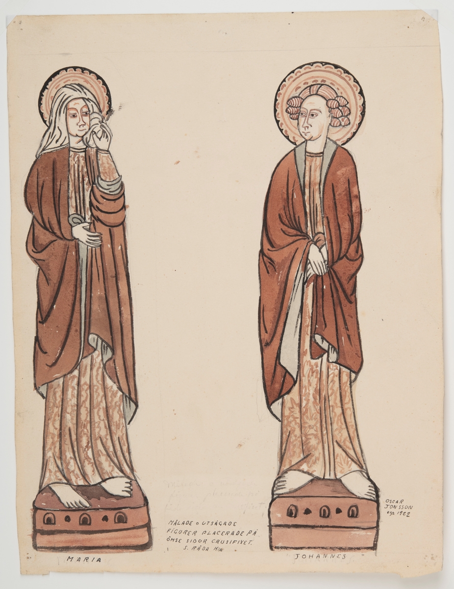 Avbildningar av två skulpturer som var placerade på ömse sidor om krucifixet. Den vänstra föreställande jungfru Maria och den högra föreställande Johannes.