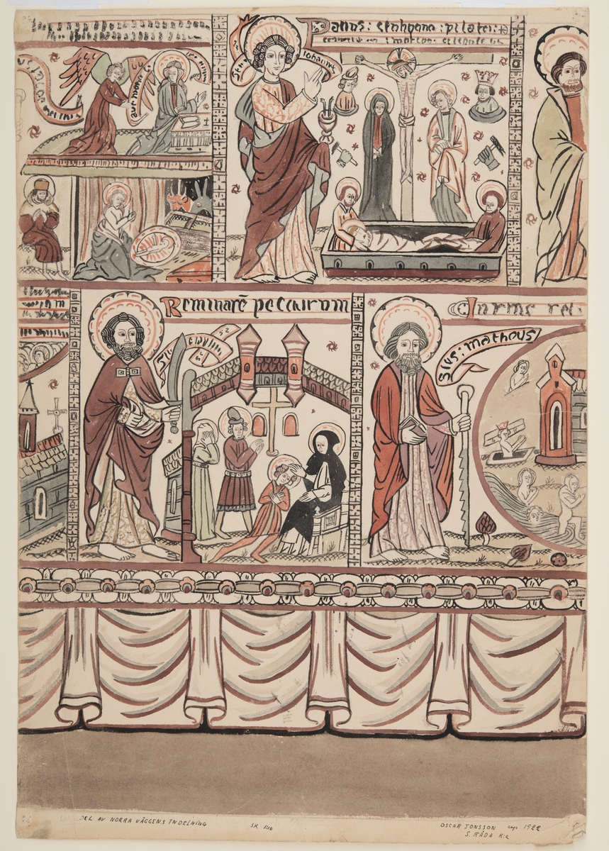 Bland annat evangelisterna Matteus och Johannes. 

Del av norra väggens målningar, skala 1:10.