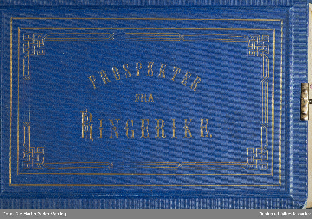 Prospekter fra Ringrike. En bildefolder med bilder fra Hole og Ringerike kommuner. 8 landskapsbilder i albumin md tekst