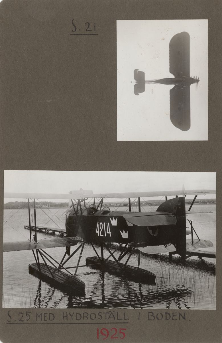 Flygplan FVM S 25 nr 4214 med flottörer vid en brygga i Boden, 1925.

Text vid foto: "'S.25 med hydroställ i Boden. 1925."