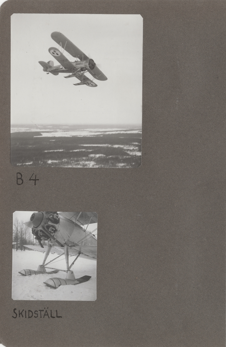 Flygplan B 4 Hawker Hart i luften över snötäckt landskap. Flygbild tagen under svängning.

Text vid foto: "B 4"